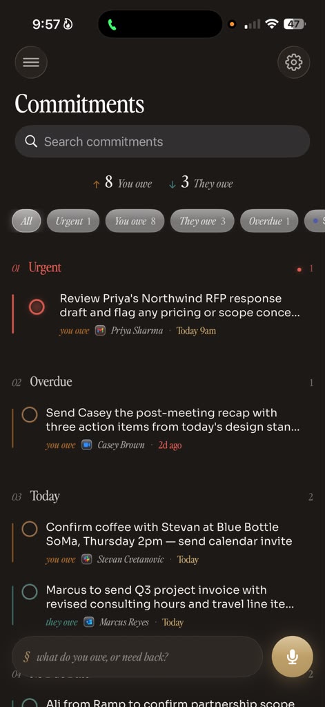 Zethos running on iPhone, listing today’s commitments